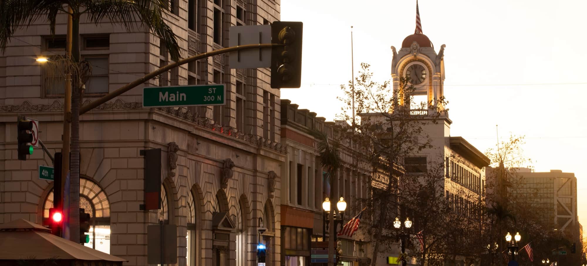 Downtown Santa Ana at dusk, near Dr. Votaw-Freer's Orange County office